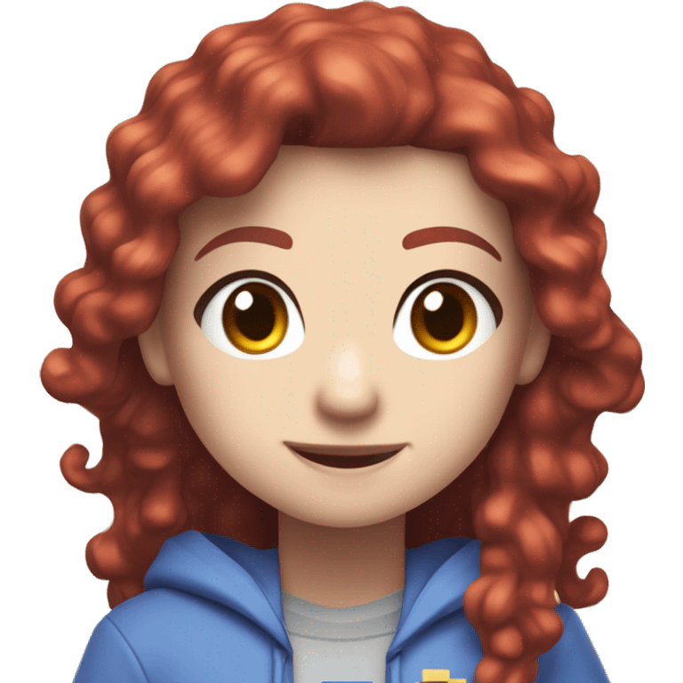 a white girl with long red curly hair and freckles, wearing periwinkle Minecraft hoodie playing a videogame smiling emoji