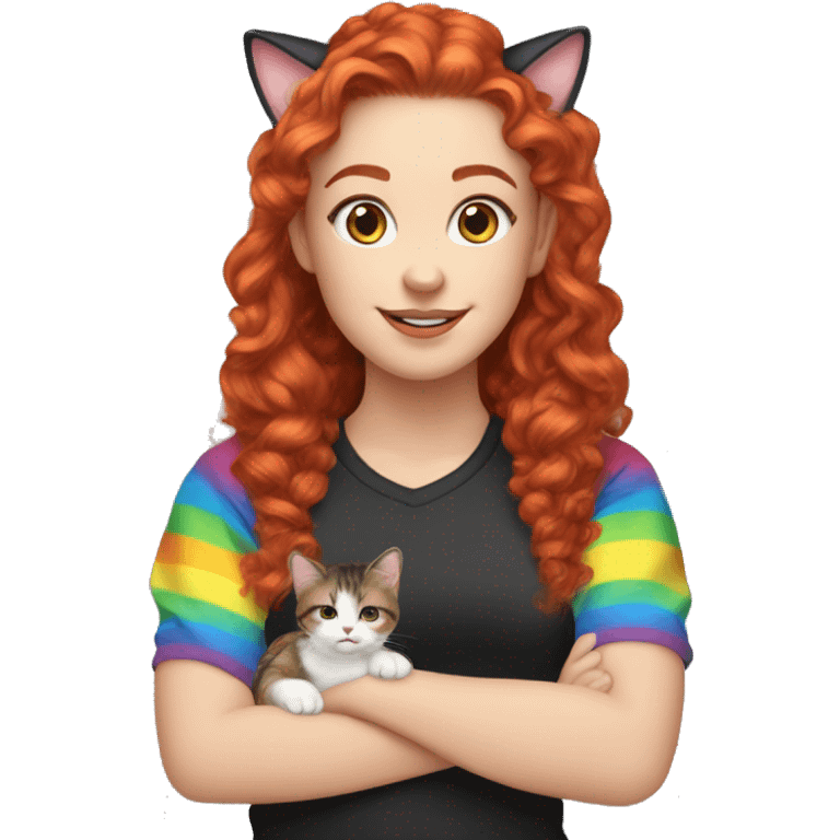 a white girl with long red curly hair in a pony tail with rainbow shirt does peace sign wearing cat ears one black other white emoji