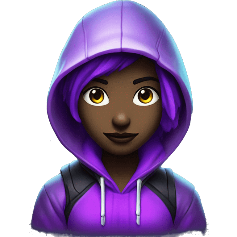 Girl developer behind his laptop with this style : Crytek Crysis Video game neon glowing bright purple character purlple black hooded hacker themed character emoji