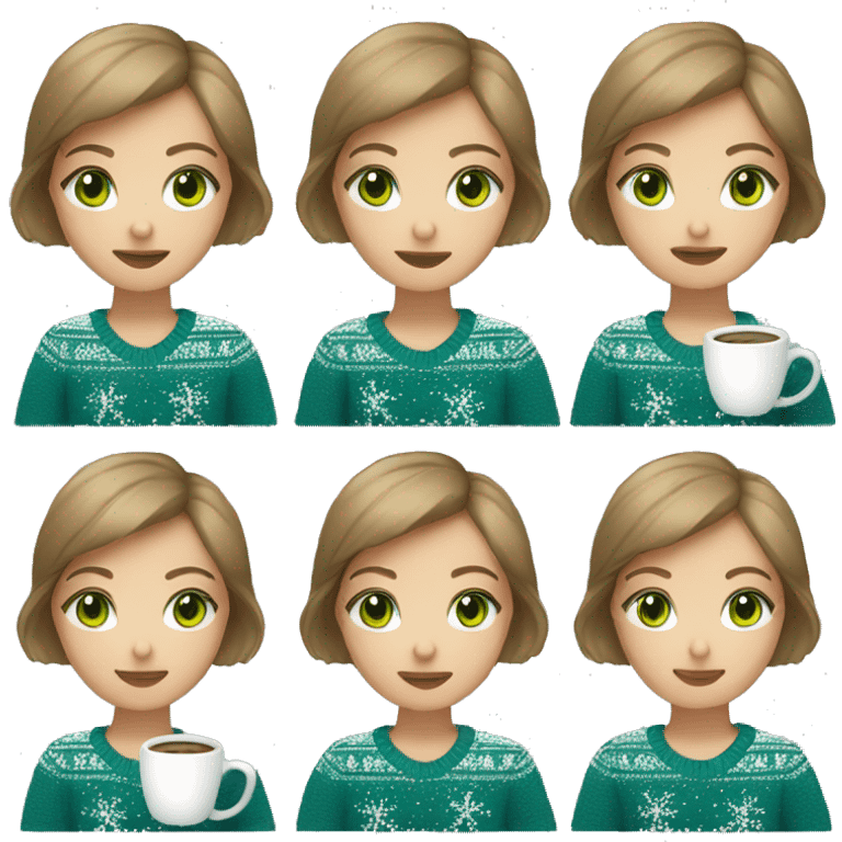 Light brown short haired girl with green eyes drinking coffee wearing blue Christmas sweater emoji