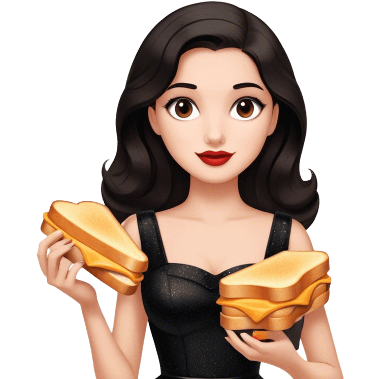 Beautiful woman in 1950’s woman fashion look, black shimmery dress, long dark brown hair, grilled cheese sandwiche emoji