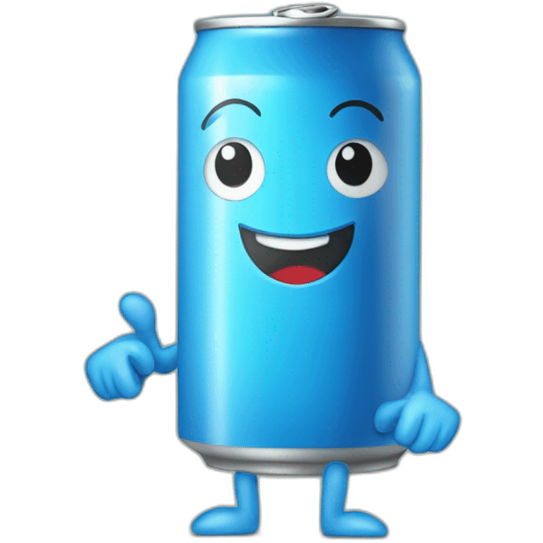 a friendly blue soda can with arms and legs emoji