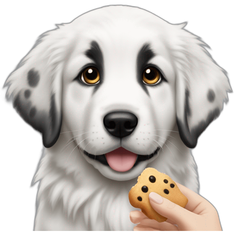 Great pyrenees puppy with black spot on one eye posing on the side looking at a hand with a treat emoji