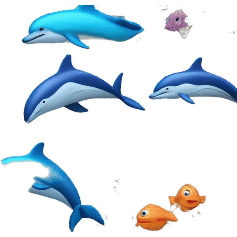 Under the sea. Waves above, coral on the sea floor, colorful fish & dolphins emoji