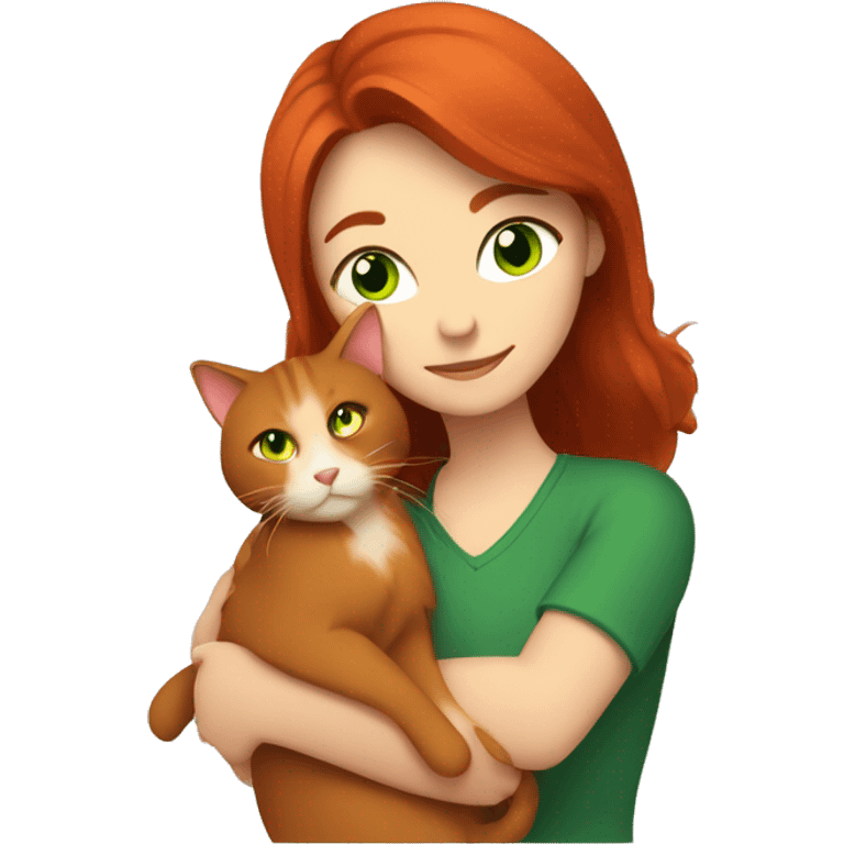 a brown-haired woman hugs a red-haired cat with green eyes emoji