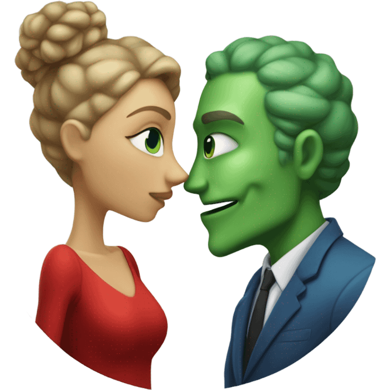 Beatiful tall green skin female reptilian in red dress, kissing white man in blue dress, full figure, full body emoji