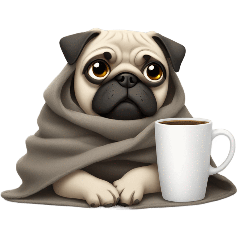 Sad dog pug in a gray blanket with a cup of coffee emoji