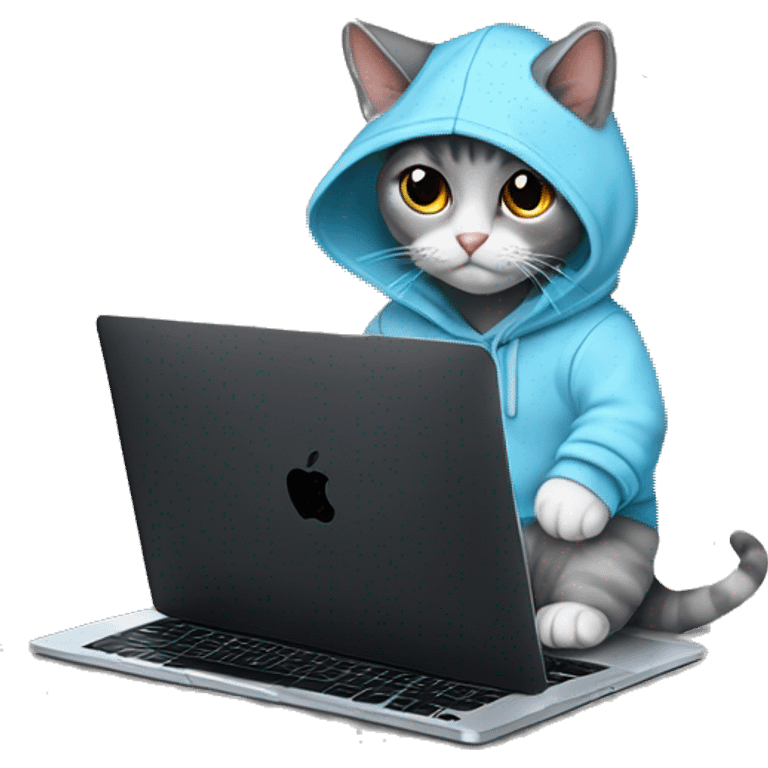 Cat wearing baby blue hoodie and a black MacBook emoji