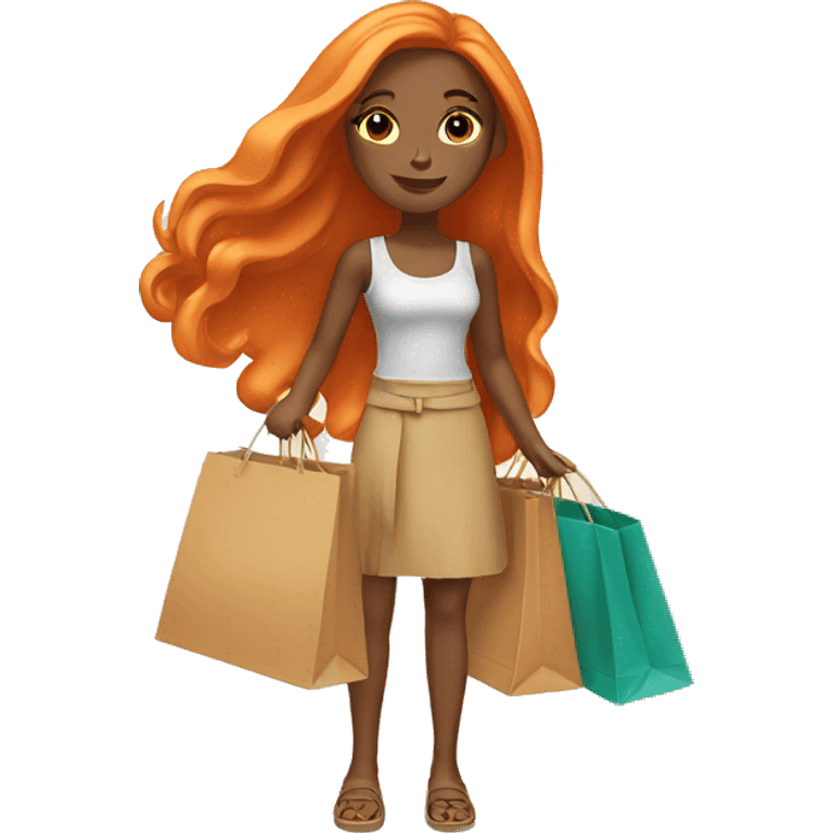 Tan girl with long orange hair holding shopping bags emoji