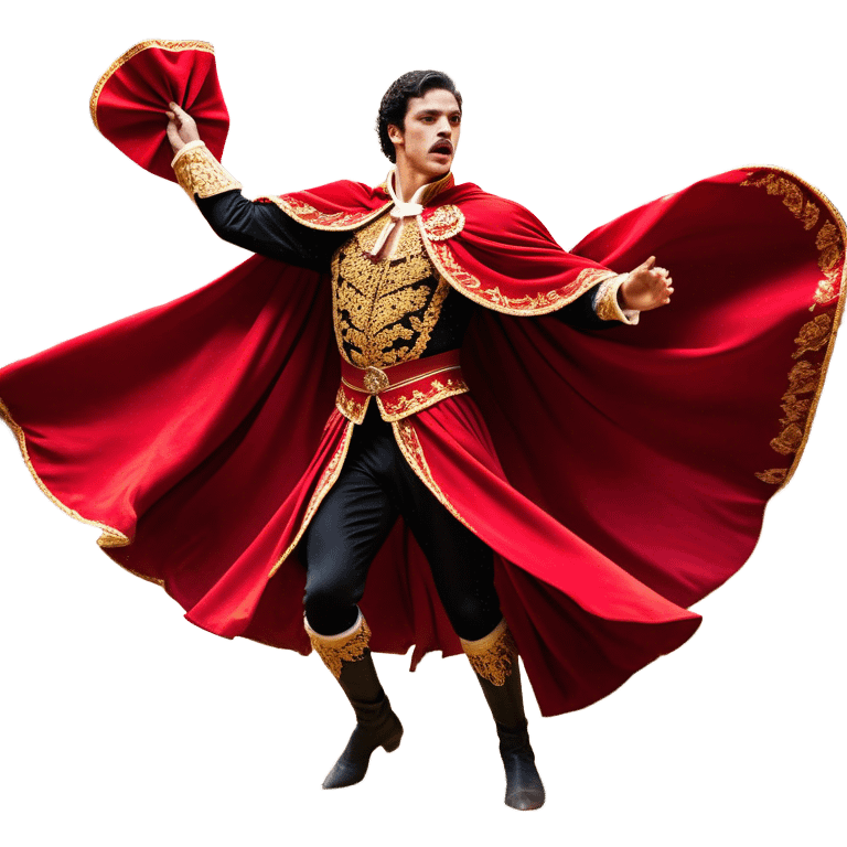 ​Cinematic Realistic Spanish Matador Holding a Red Cape, depicted in mid-action with a vibrant red cape flowing in the wind, dressed in an ornate traje de luces with shimmering details, confronting a charging bull in a dramatic arena, rendered with dynamic motion blur and vivid, high-contrast lighting, emoji