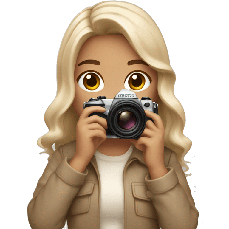 An aesthetic girl photographer holding a camera (in beige, neutral tones) light skin tone, mid hair length with light waves emoji