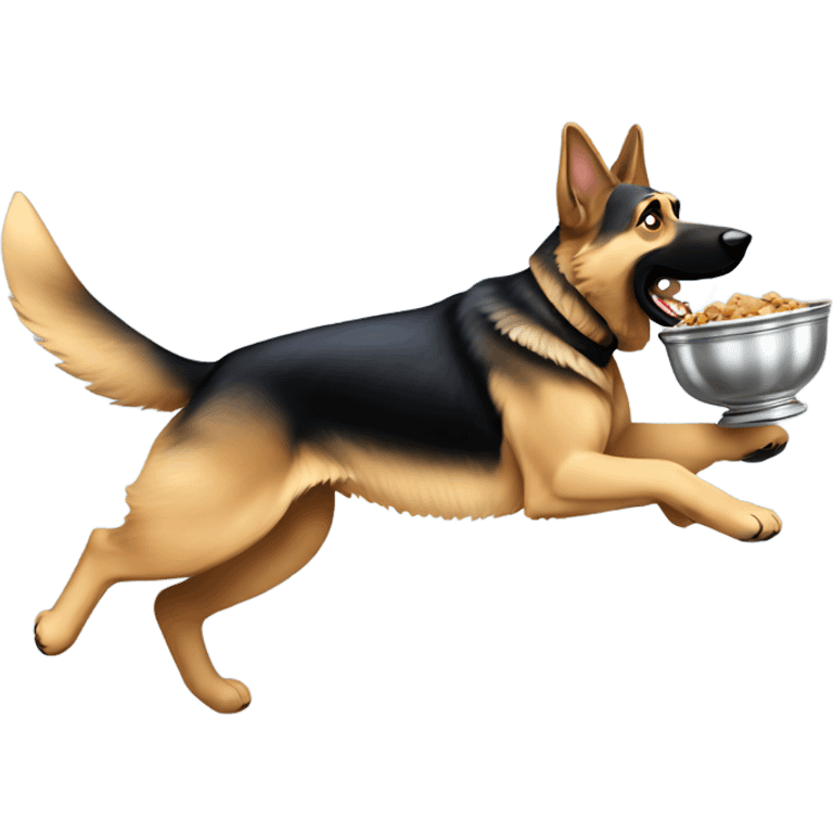 German Shepherd chasing a silver bowl emoji