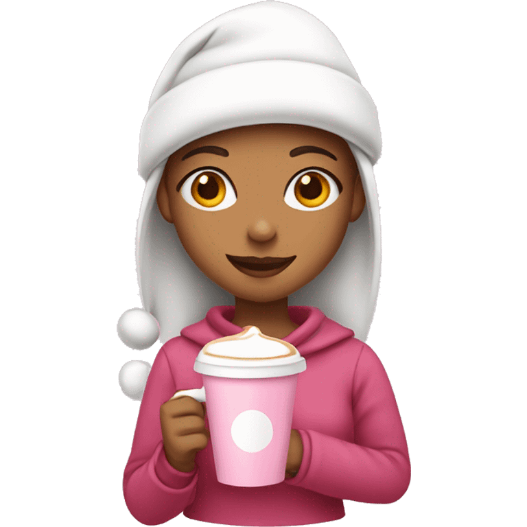 A girl wearing a pink Santa hat holding a latte emoji