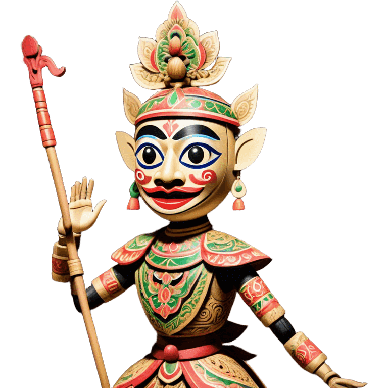 Golek Ayun-ayun – Cinematic Realistic Wayang Golek Ayun-ayun, depicted as an intricately carved traditional wooden puppet with vibrant painted details and expressive features, set on a dimly lit stage with dramatic shadows that evoke centuries of Indonesian theatrical heritage, rendered with lifelike textures and subtle ambient glow. emoji