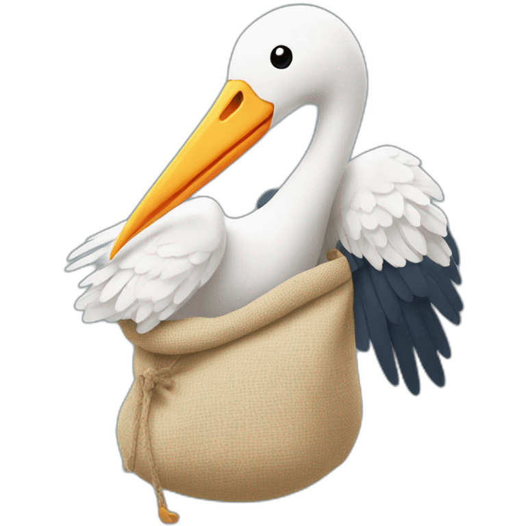 stork delivering baby boy in fabric held in its beak you can see the baby boys human face popping from the top of the sack the stork is holding emoji