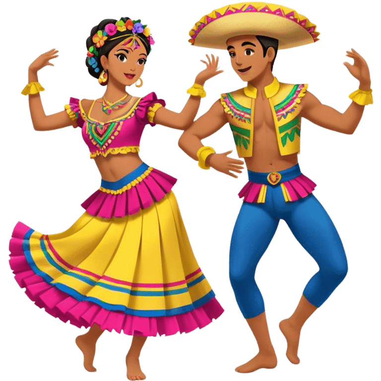 Cinematic Realistic scene of two dancers performing Cumbia, adorned in colorful traditional Colombian costumes with intricate details, captured in rhythmic motion with lively, festive lighting emoji