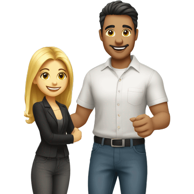 an adult restaurant owner and a young blogger shake hands, both with white skin, in great detail, in full height emoji