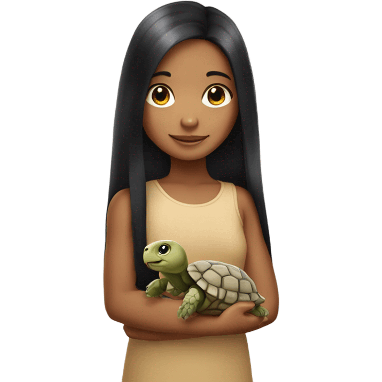 Little girl with long black hair and light tan skin holding a tortoise emoji