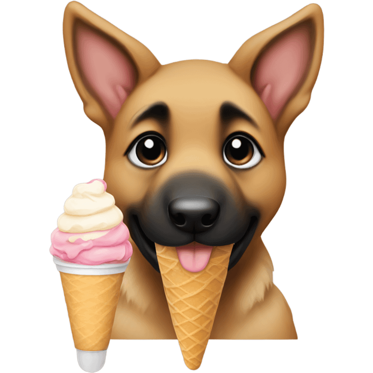 German shepherd puppy eating an ice cream emoji