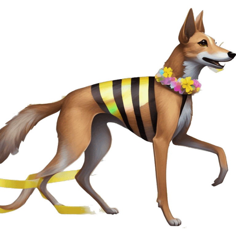  brindle brown black maroon striped lurcher Alsatian fox running blue eyes and iridescent holographic oilslick harness wearing paper iridescent tropical flower crown yellow caution tape emoji