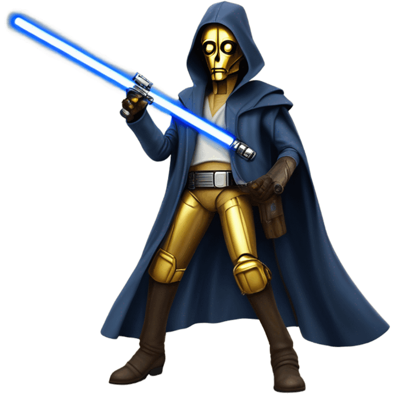 bounty hunter tarnished undercover tough well-equipped Jedi  life-sized darkblue-pearl C3po leather vest clothing pants and vest old west duster coat holding light saber sheriff emoji