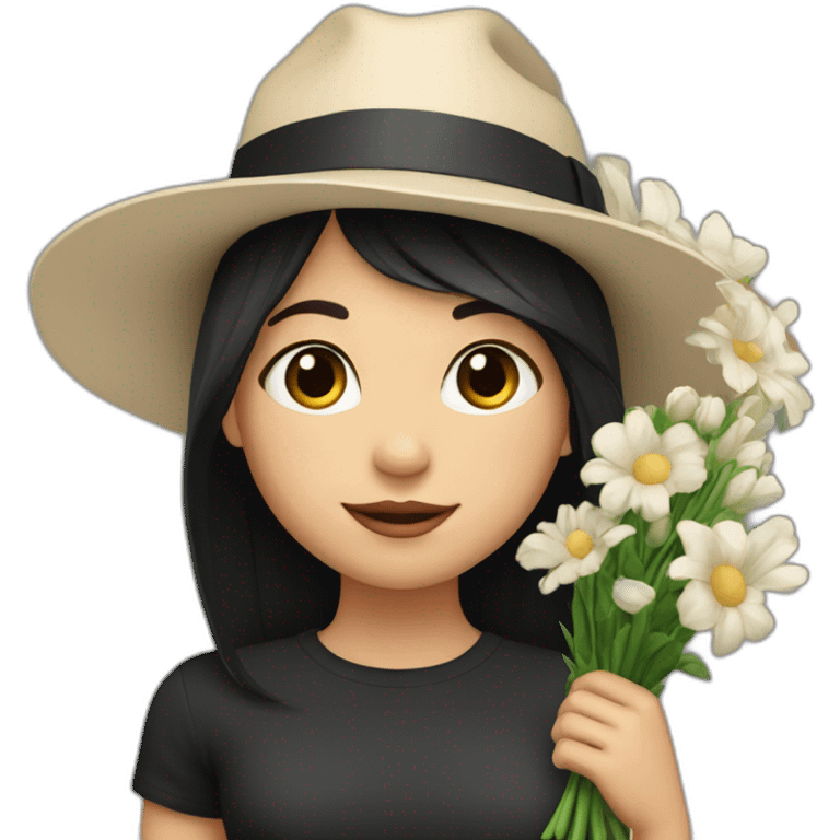 white skin, Girl with a hat, black hair straight to the shoulders, holding a bouquet of flowers emoji