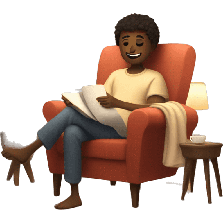 An image of a person relaxing on a comfy chair with a blanket, a cup of tea, and soft lighting, creating a peaceful atmosphere emoji