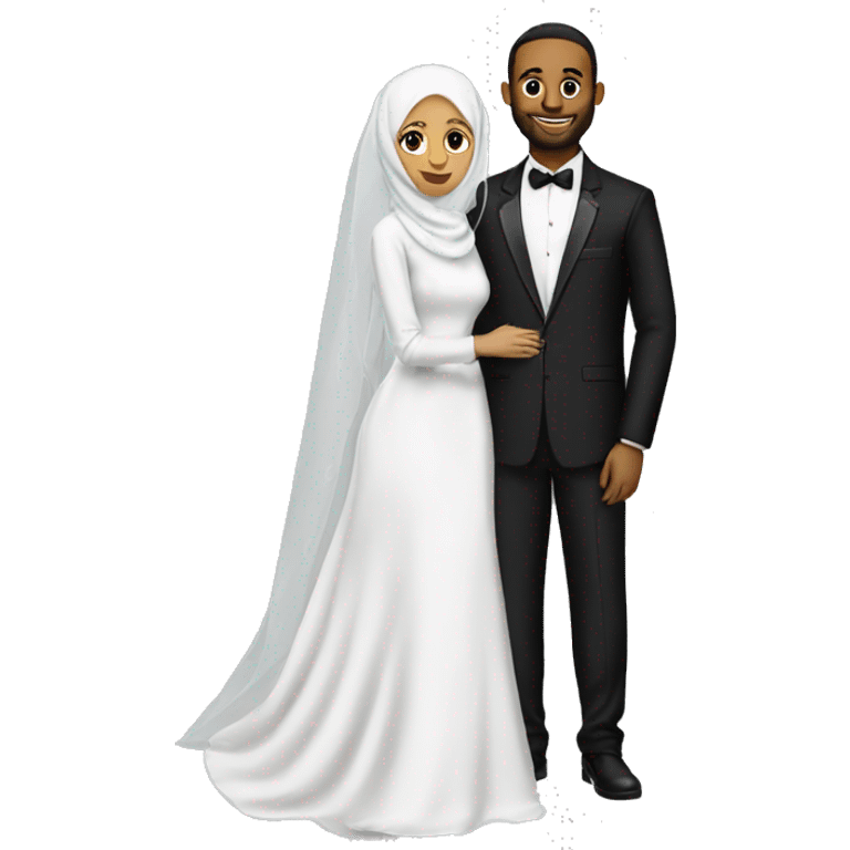 Hijabi modest bride next to groom in tux emoji