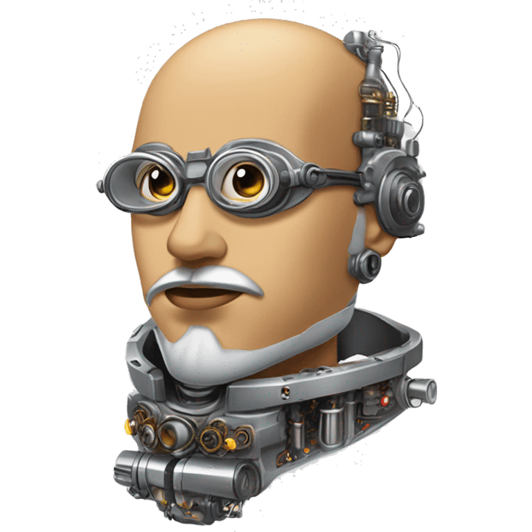 Tan bald male Latino cyborg head with grey beard, silver steampunk monocle goggles and circuits emoji