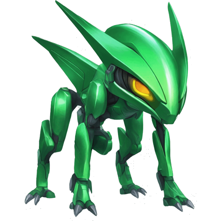 a shiny green Genesect-Raptor-Fakémon—hybrid with a futuristic visor-helmet full body emoji