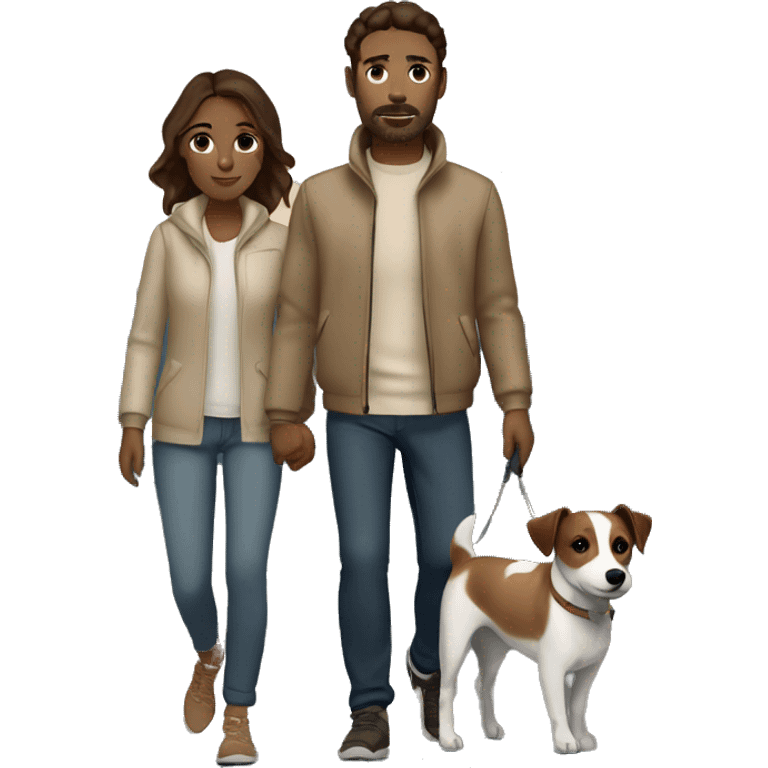 Couple with brown hair and beige outfit on a late night walk with a jack russell terrier emoji