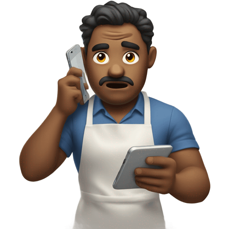 guy who with a frustrated face wearing an apron and scrolling through phone in a concentrated manner emoji