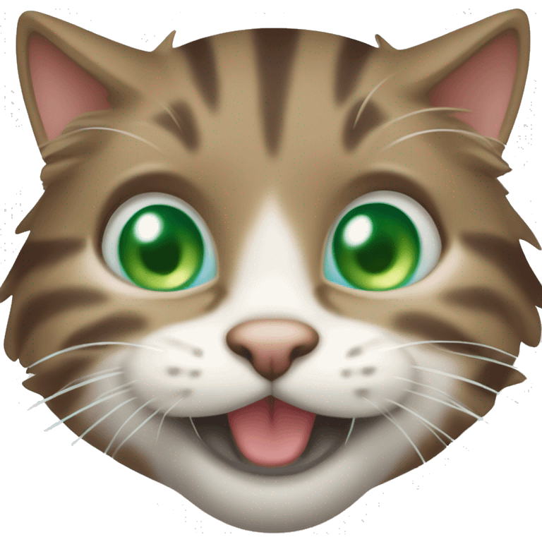 Laughing fluffy brown tabby cat with white nose and blue green eyes  emoji