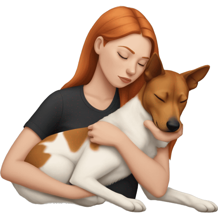 White girl auburn hair sleeping with Carolina dog emoji