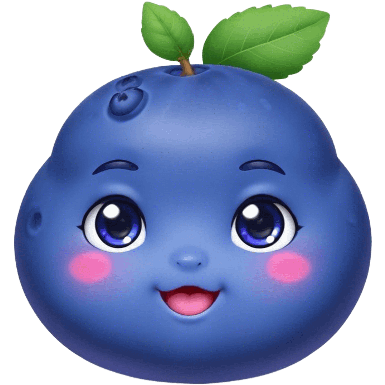 Cute Kawaii Blueberry, small and chubby, deep blue-purple with a tiny leafy crown, bright sparkling eyes, a soft round body, cute blushing cheeks, full of berry sweetness! emoji