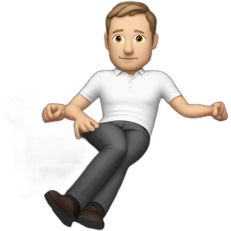 tim robinson very tired laying down on a red couch in a long sleeve white polo shirt, chest up clean shaven, laying flat across couch, arms at side emoji