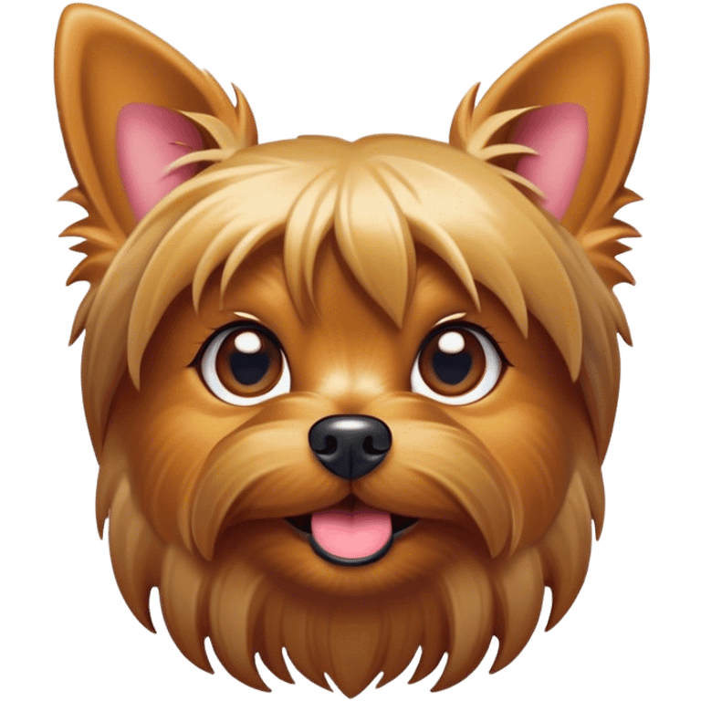 Cinematic Comical Yorkshire Terrier Portrait Emoji, Head tilted dramatically with an exaggeratedly surprised, comical expression and wide, expressive eyes, featuring a perky, well-groomed fur in rich hues, simplified yet hilariously detailed, glowing with a bold, sassy radiance, high shine, exuding playful mischief and cheeky terrier attitude, styled with a soft glowing outline, capturing the essence of a Yorkshire Terrier that appears ready to comically dash out of the frame! emoji