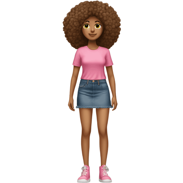 Tan girl with Afro and pink button top and jean skirt full body emoji