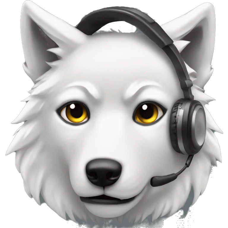 Create me an emoji white wolf head gray eyes with a musical headset emoji