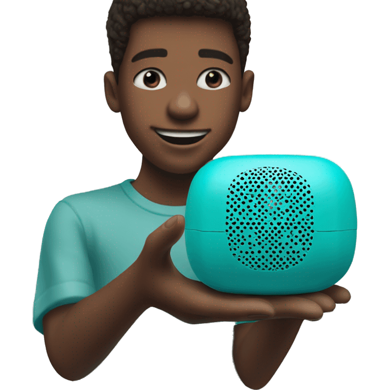 Realistic turquoise portable smart speaker being held by boy. emoji