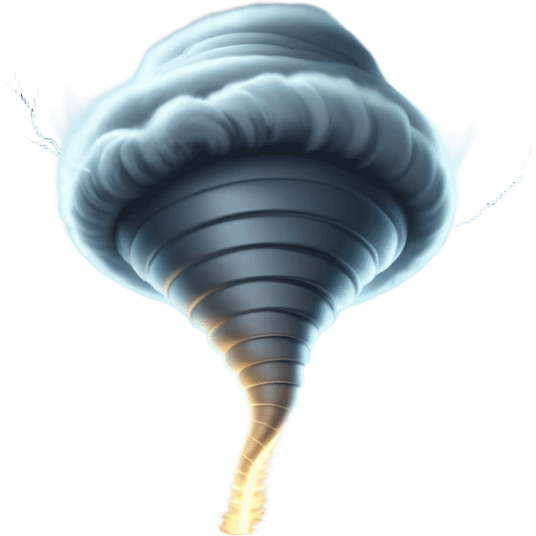 Cinematic Realistic Tornado Emoji, Spiraling fiercely, with dark swirling clouds that twist and stretch downward in a funnel shape. The winds whip up debris as the tornado roars across the landscape, leaving a trail of awe and fear. Soft glowing outline, capturing the essence of wild force and unpredictable power in a mighty tornado! emoji