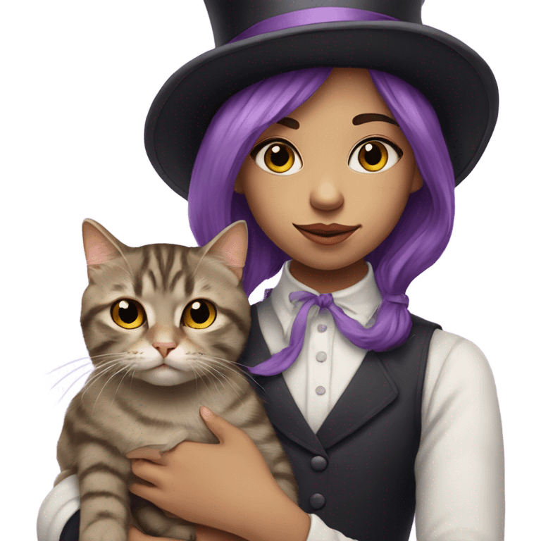 portrait of girl with purple hair wearing a top hat holding a sleepy tabby cat emoji