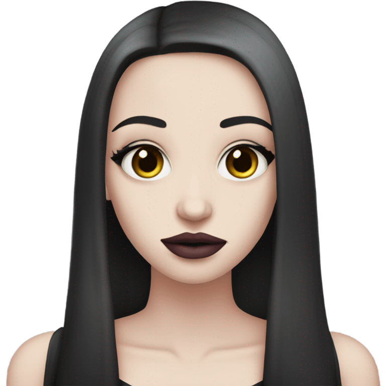 Very pale goth woman, with long dark brown straight hair and makeup and soft pink lips  emoji