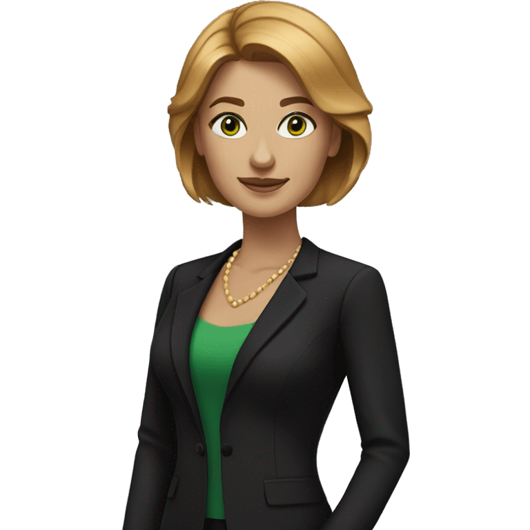 executive woman, straight golden brown hair, green eyes, black dress emoji