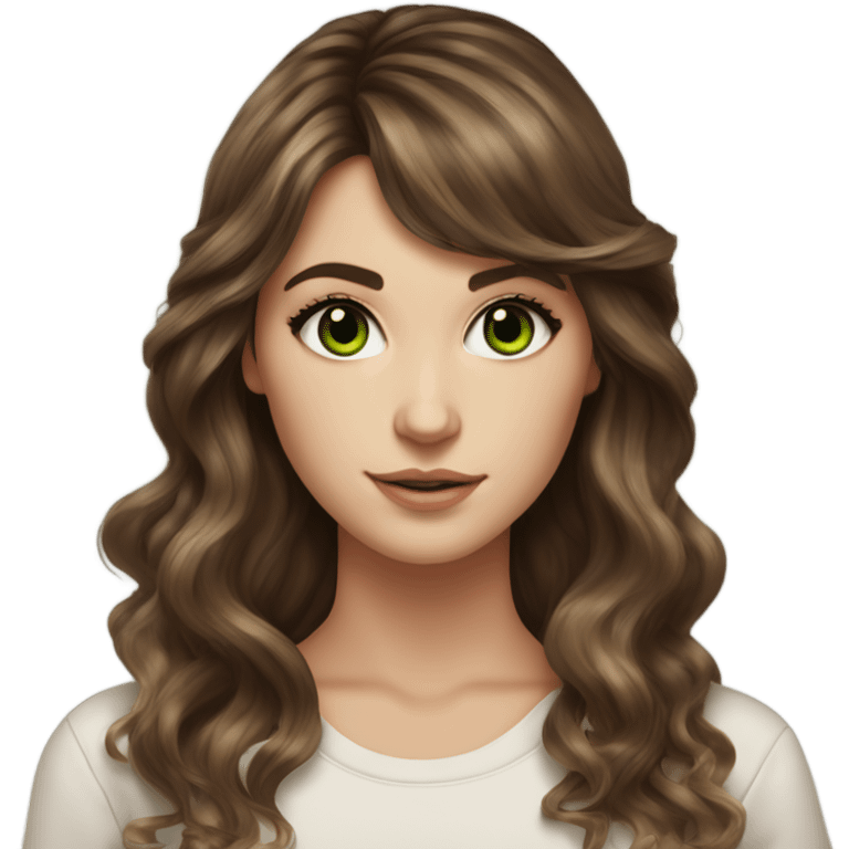 White girl green eyes with long voluminous brown hair with brown highlights balayage bangs emoji