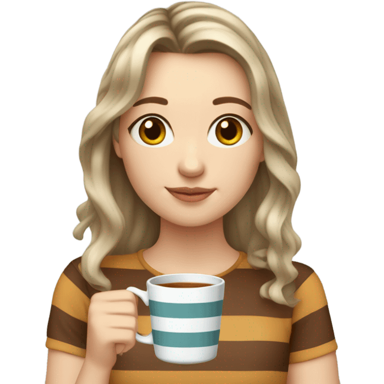 White girl Girl in her 20's, bangs, wavy hair, ash colored hair, a striped shirt drinking tea emoji