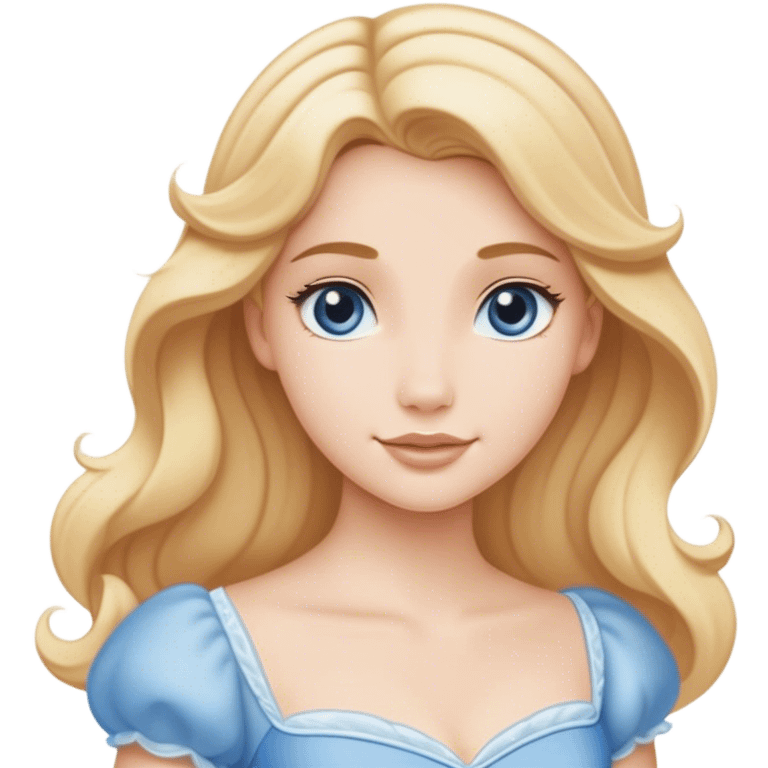 Cinematic Serene Cinderella Portrait Emoji, rendered in a realistic, vector-style with minimal shading. Depict a gentle Cinderella (chest and above) with porcelain skin, smooth blonde hair falling in soft waves, and calm, inviting eyes. Dressed in her modest daytime dress, she exudes quiet grace and pure enchantment, highlighted by a soft glowing outline. emoji