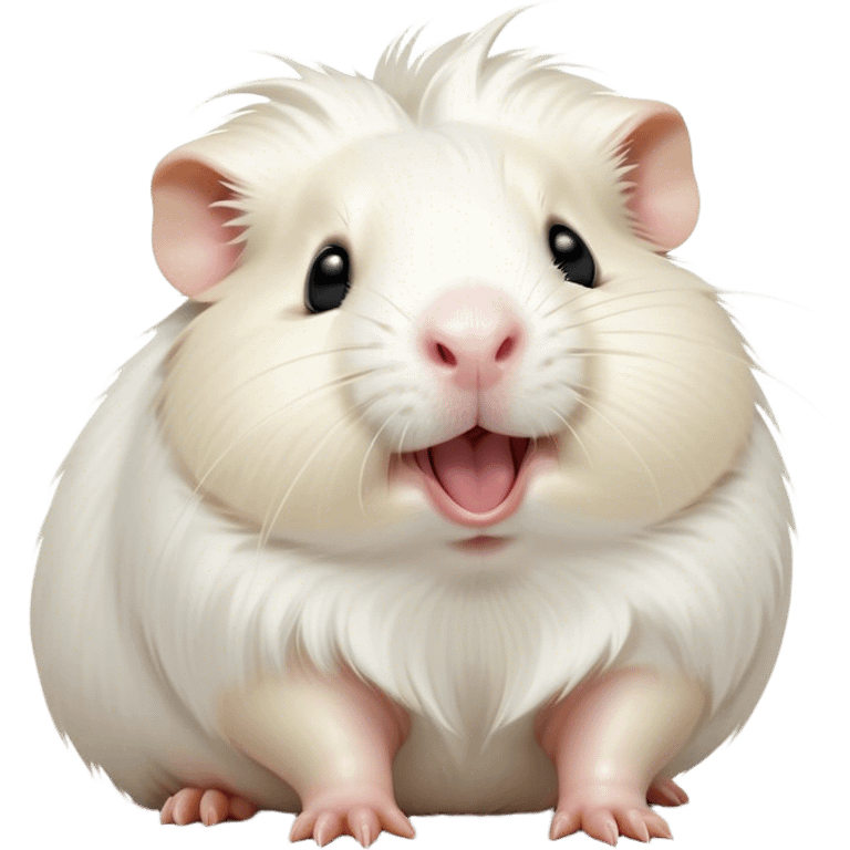 Cinematic Cute Yawning White Guinea Pig Portrait Emoji, Head tilted slightly with a dramatic, wide-open yawn, revealing a soft, downy white fur with tiny drooping ears, round dark eyes barely open in drowsy contentment, Simplified yet irresistibly adorable features, highly detailed, glowing with a soft, cozy glow, high shine, relaxed yet expressive, stylized with a touch of whimsy, bright and endearing, soft glowing outline, capturing the essence of a sleepy yet affectionate guinea pig, so drowsy it feels like it could stretch right out of the screen and curl up for a nap! emoji