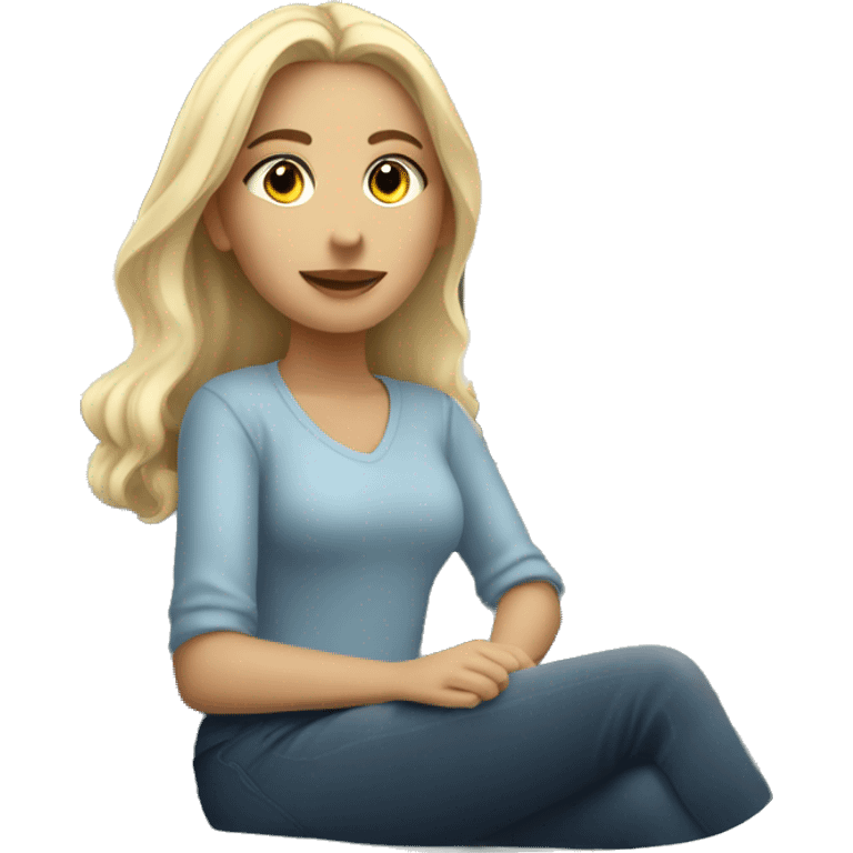 "A young woman with light blonde hair sits on a cozy sofa in a softly lit room by a large window showing a clear blue sky. emoji