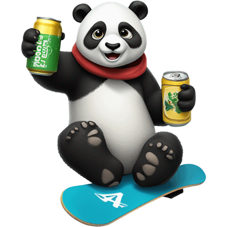 panda snowboarding with a beer can emoji